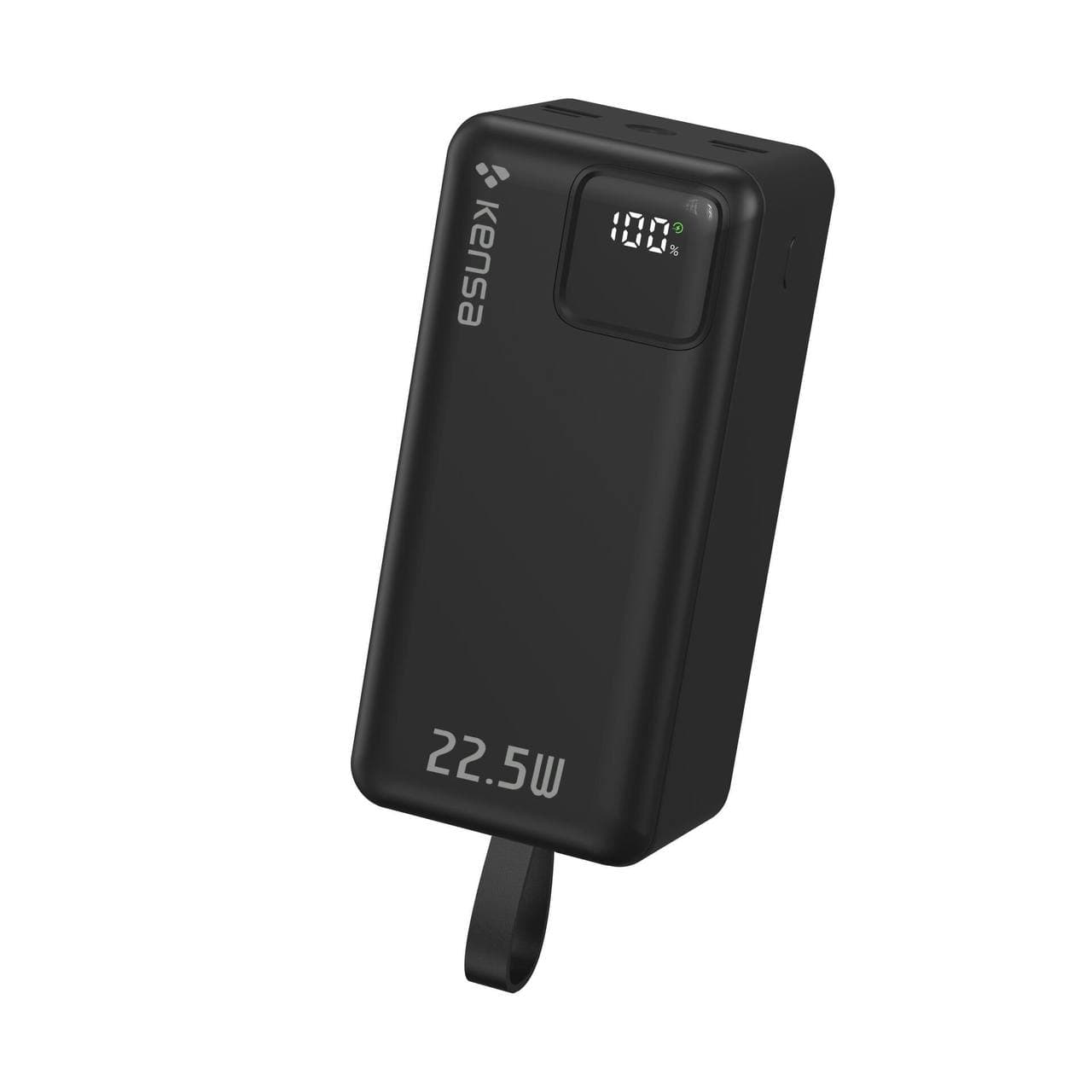 Павербанк Kensa 50000mAh 22.5W з LED-дисплеєм та вбудованими кабелями Type-C і Lightning, швидка зарядка QC/PD, чорний