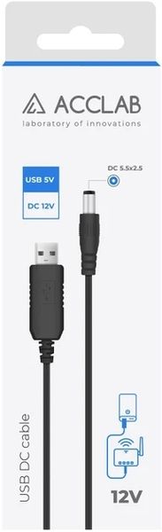 Кабель живлення ACCLAB USB to DC 5.5 х 2.5 мм 12 В 1 A 1 м Чорний BAZ4657 фото